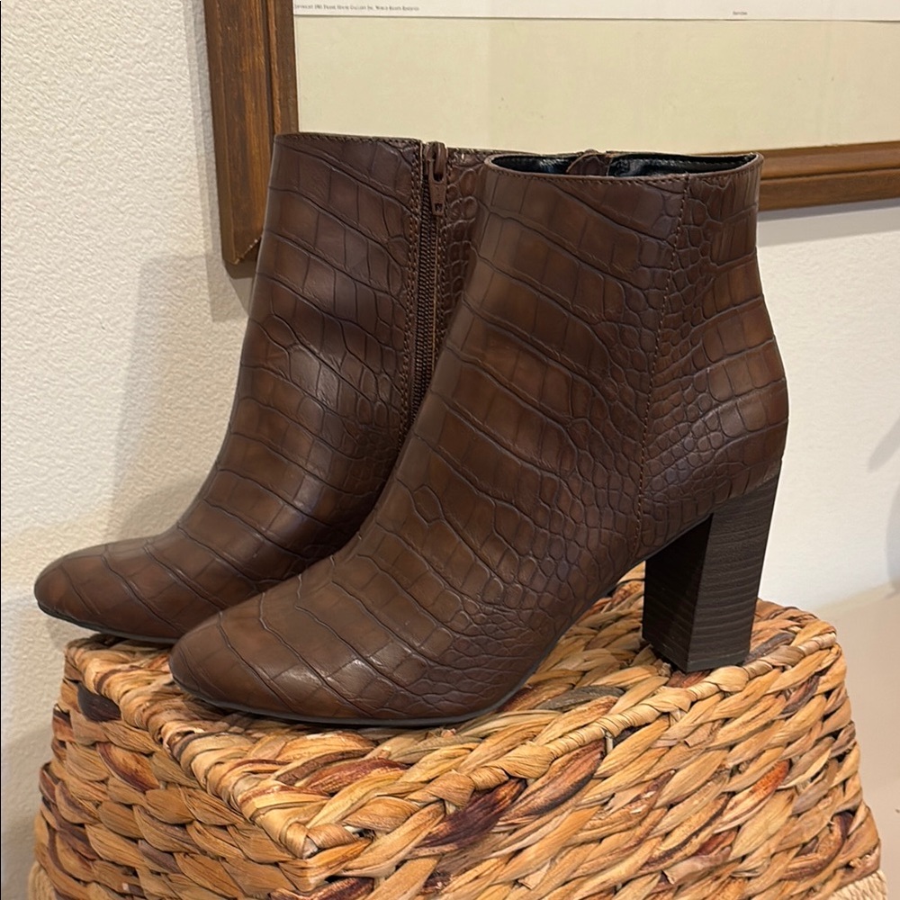 Brown Faux Leather Ankle Booties with Block Heel
